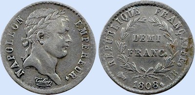 Demi-Franc NAPOLEON Ier Tte laure Rpublique Franaise